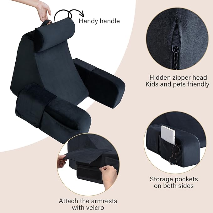 ENITYA Reading Pillow for Sitting in Bed Adult, 21" Large Back Pillow for Sitting up, Bed Rest Pillows for Reclining/Watching TV/Reading/Gaming/Resting in Couch or Floor, Black