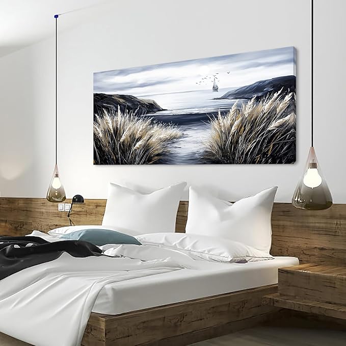 ZESTRILIA Country Beach Coastal Sailboat Wall Art for Living Room Office Black and White Rustic Canvas Painting Prints Vintage Nautical Artwork Dining Bedroom Decor Extra Large (58x28 Inches)