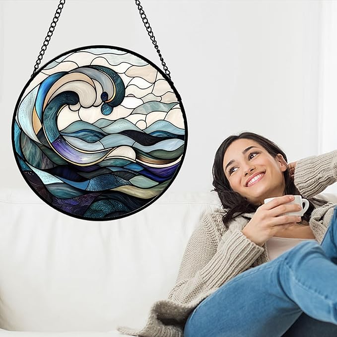 Stained Glass Window Hanging, Ocean Waves Sun Catchers Diamond Glass Panel Hangings Abstract Suncatcher Decor for Birthday for Women, Men, Wife, Aunt, and Mom 14.9x14.9 in
