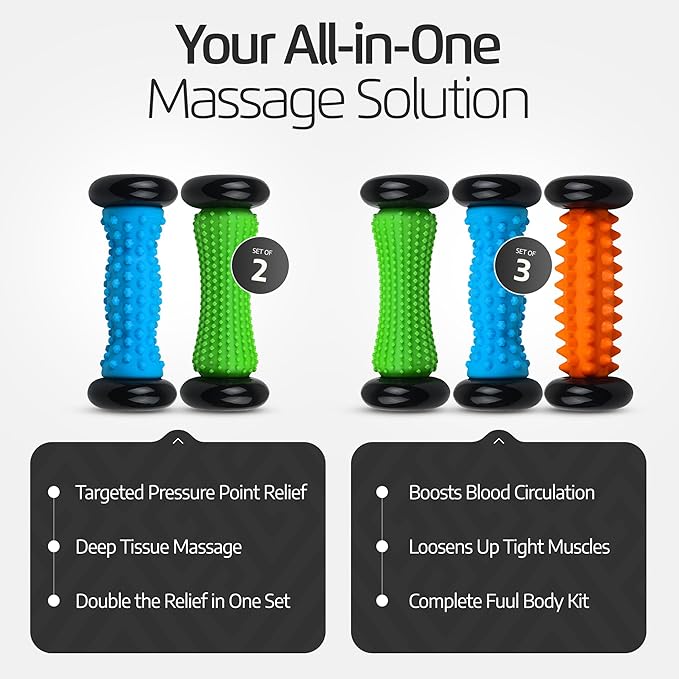 Logest Foot Massage Roller - for Trigger Point Therapy, Injury Rehabilitation & Deep Tissue Massage - Prevent Stiffness & Improve Strength - Silicon with Nodules (Blue - Green 2 Pack)