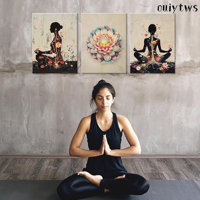 Yoga and Flower themed Meditation Wall Art Set of 3, Spiritual Meditation Women's Match with Flower and Lotus Patterns Canvas Poster Prints Painting,for Yoga Meditation Room,Bedroom,Framed 16X24in