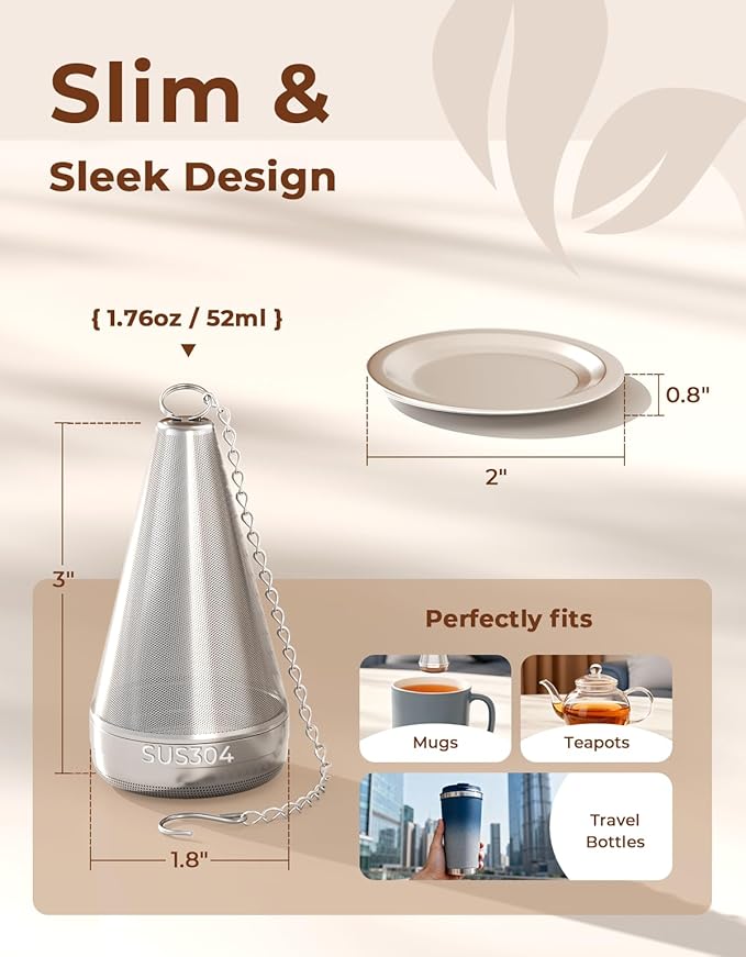 Extra Small Cone Tea Infusers for Loose Leaf Tea, 304 Stainless Steel Tea Strainer Fine Mesh, 1.8” x 3” Loose Leaf Tea Steeper with a Drip Tray