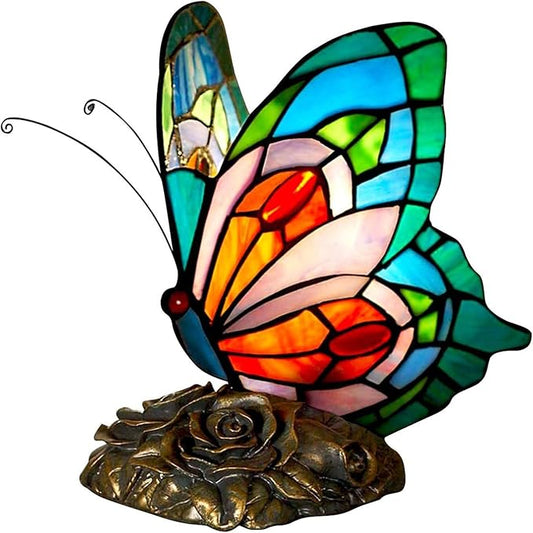 Bedside Table Lamp LED Tiffany Blue Fairy Butterfly Nightstand Table Lamps Stained Glass Shade ON Off Switch Home Office Desk Lamp Night Light Girl Grandma Mothers Day Gifts W/Gift Box