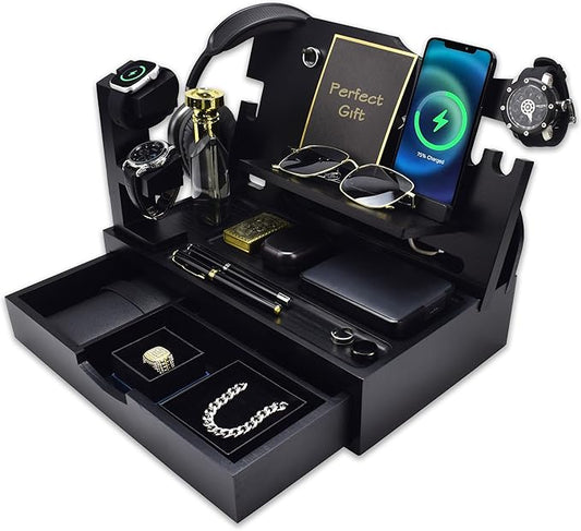 Nightstand Organizer for Men with Large Drawer, Birthday Gifts for Men Father Husband, Wood Phone Docking Station, Bedside Organizer for Nightstand Office for Apple Watch, Laptop (Black)