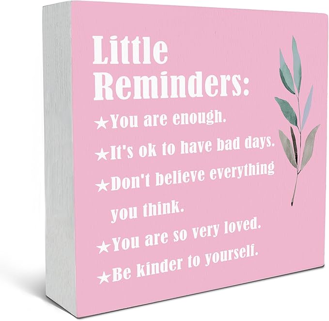 SRADMO Inspirational Little Reminders Wood Box Sign Desk Decor, Inspirational Desk Decor, College Motivational Positive Affirmation Gifts Box Sign For Office Home Dorm Tabletop Decoration(Pink)