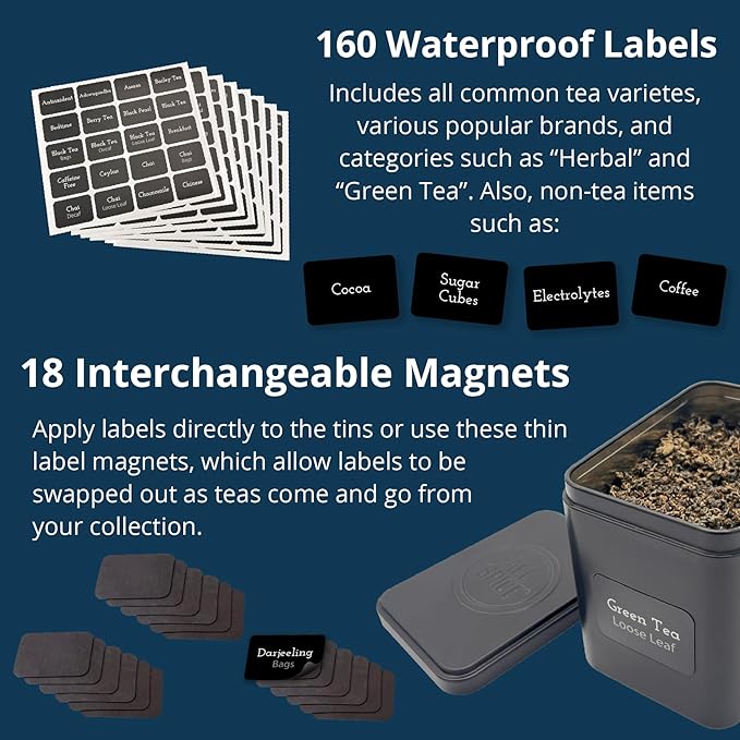 AllSpice Tea Organizer Rack with 9 Tins & 160 Magnetic Labels – Perfect for Bagged & Loose Leaf Tea Organization - Walnut