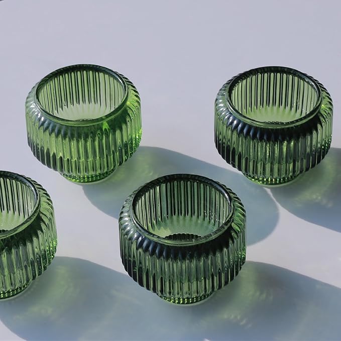 Woho Candlestick Holders Set of 4 for Taper Candles/Tea Lights, Green Ribbed Candle Sticks Holder Decor for Table Centerpiece, Reversible Taper Candle Holders Glass for Christmas Home Decoration