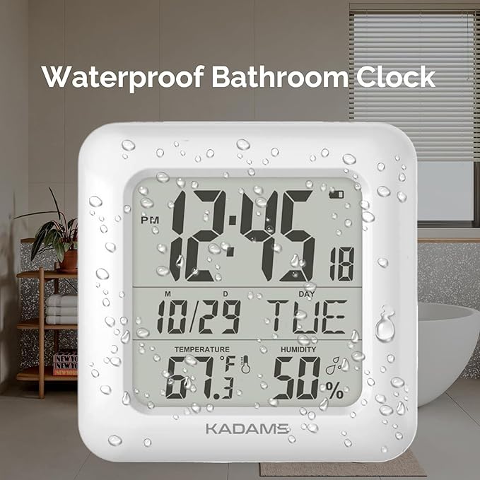 KADAMS Bathroom Clock 9.5" Kitchen Wall Clock with Large LCD Screen – Shower Clock with Suction Cup,Temperature, Humidity, Calendar – Water-Resistant, 4 Mounting Options, White