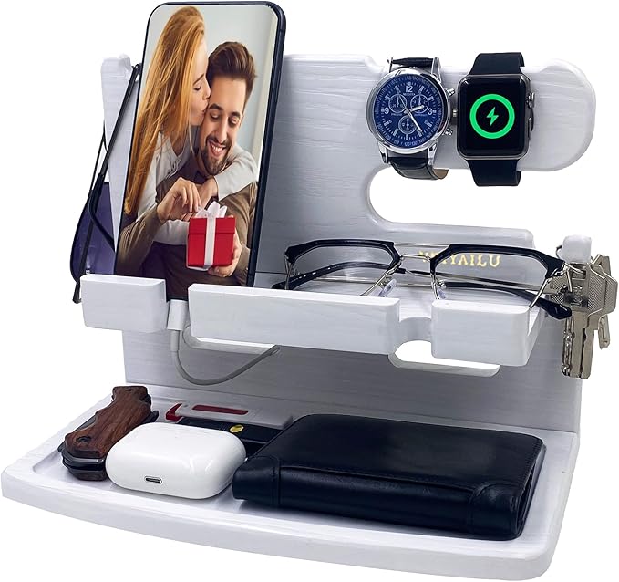 Gifts for Women Girlfriend Him Men Dad Husband Boyfriend Nightstand Organizer Wood Phone Docking Station(White)