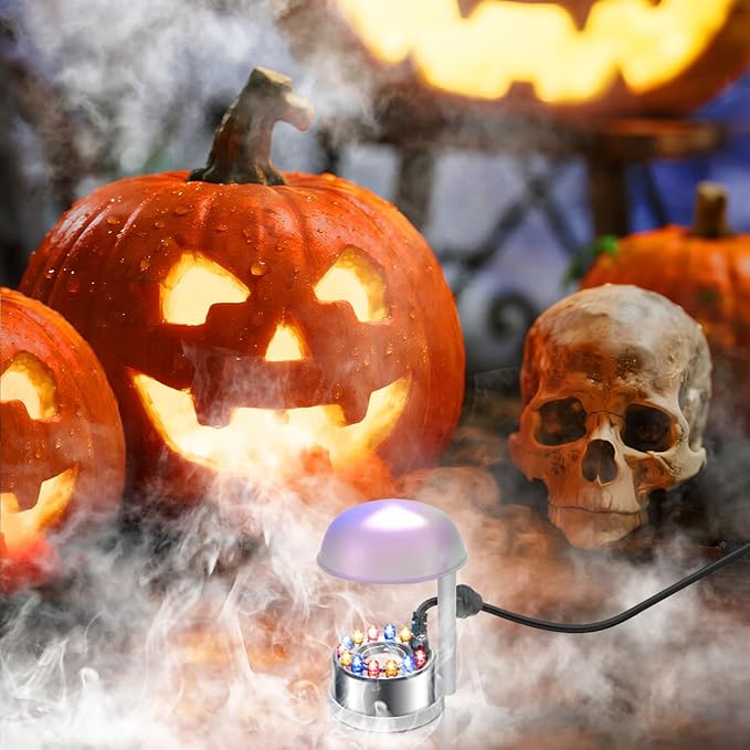 Halloween Mist Maker, Water Fountain Pond Mini Fog Machine Atomizer Air Humidifier, Ultrasonic Mist Maker Fogger Indoor Fountain, Mister Fogger with 12 LED Light and Waterproof Splash Guard