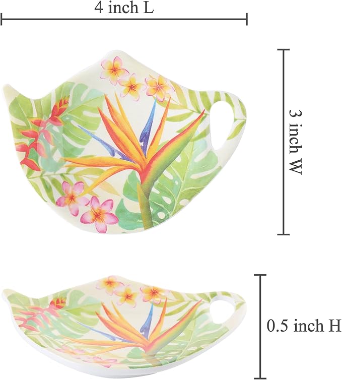 Supreme Housewares Bird of Paradise Tea Bag Holders, Teapot Shaped Tea Bag Coasters Spoon Rests Saucer Seasoning Dish Set, Multicolor, 4 x 3 Inch, Set of 4
