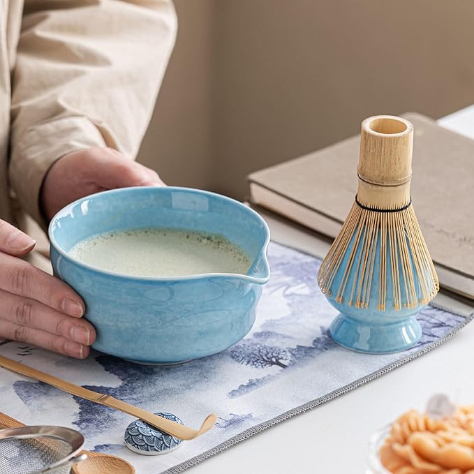 Ceramic Matcha Whisk Set, Complete Matcha Set-8PCS for Ceremonial Grade Matcha, Tea Gifts for Tea Lovers for Christmas, Birthday, Halloween (Sky Blue)