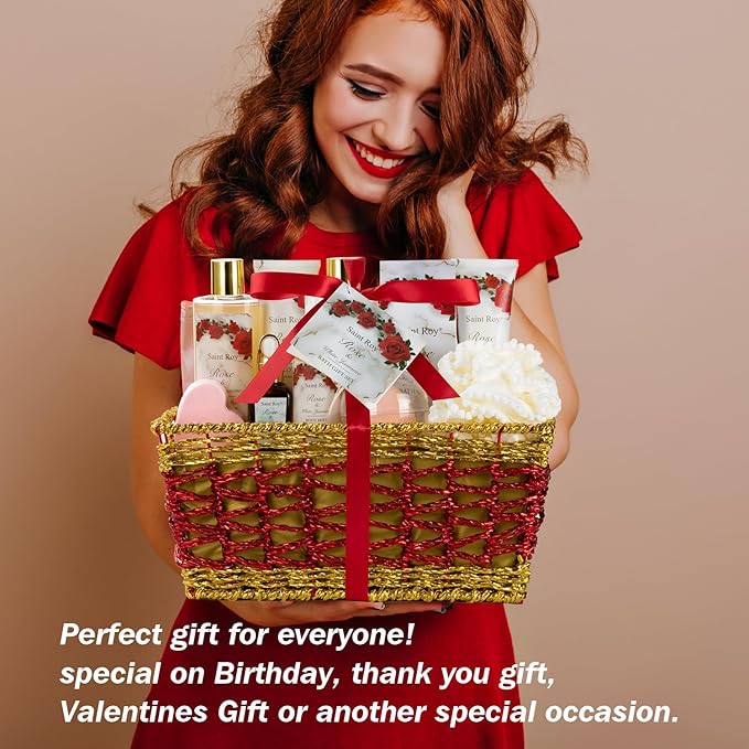 Christmas Gifts for Women - 21-Piece Luxury Rose & Jasmine Spa Gift Basket Set Bath and Body Gift Sets Care Kit with Make up sponge | Valentine's Day, Mothers Day Gifts Baskets for Mom, Wife