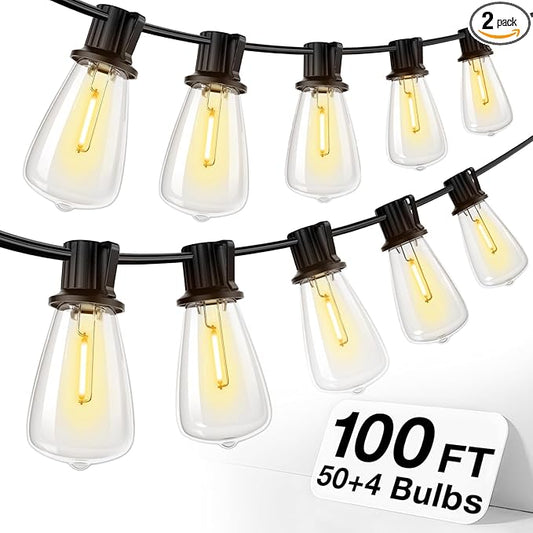 addlon 100FT(50FT*2) LED Outdoor String Lights Waterproof Patio Lights with 54 Shatterproof ST38 Replaceable Bulbs(4 Spare), Dimmable Outside Hanging Lights Connectable for Porch, Backyard, 2200K