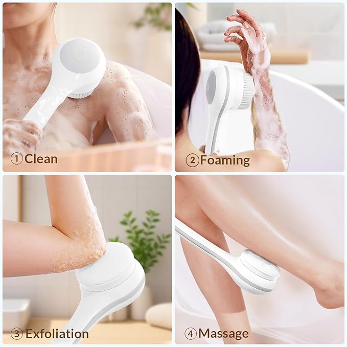 Electric Body Brush Back Scrubber for Shower, Waterproof Long Dual Handle Power Body Scrubber with 3 Heads, Rechargeable Bath Brush & 2 Speeds, for Cleansing, Exfoliating and Massaging Skin