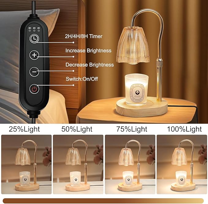 Candle Warmer Lamp with Timer & Dimmer, Candle Warmer Height Adjustable, Fits All Jar Scented Candles, Candle Lamp with 3 Bulbs, Charming Gift Box with Ribbon for Gifting