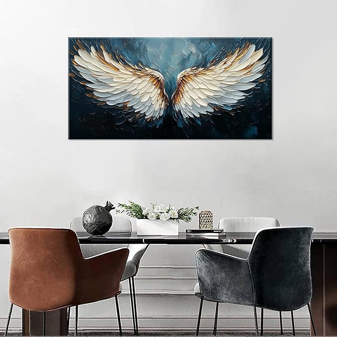 ZESTRILIA Angel Wings Wall Art Blue Oil Painting Reproduction Print Modern Abstract Canvas Paintings Waterproof Artwork Picture for Living Room Bedroom Home Office Kitchen Décor (28x58inch)