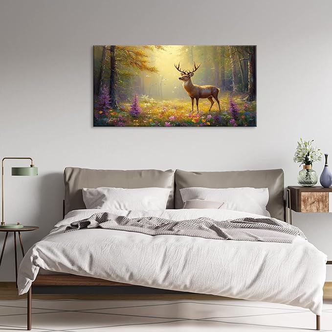 ZESTRILIA Pretty Deer Forest Wall Art for Living Room Office Gold Mustard Yellow Wildlife Wildflower Canvas Painting Prints Spring Wild Life Artwork Girls Bedroom Decor Large (46x23 Inches)
