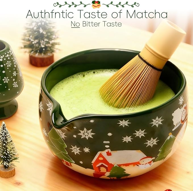 Christmas Gifts Matcha Whisk Set, Ceramic Matcha Set Includes Bowl & Holder, Bamboo Whisk (Chasen), Scoop, Spoon and Sifter, 6PCS Matcha Kit Covers Everything Needed for Making Matcha