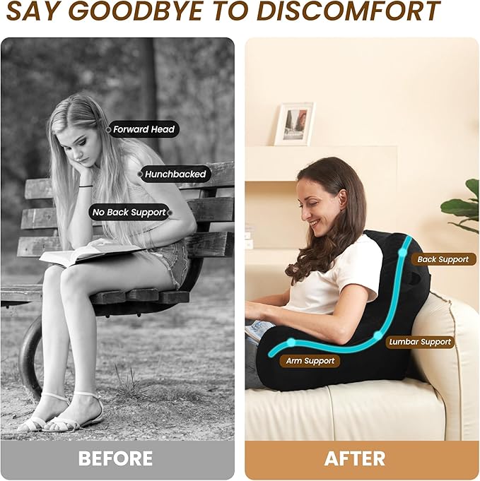 Portable Comfy Reading Pillows for Bed Sitting Up(Black Oeko-Tex), Velvet Back Pillow with Arms & Pockets for Adults, Support Memory Foam Bed Pillow for Dorm/Reading/Watching/Gaming