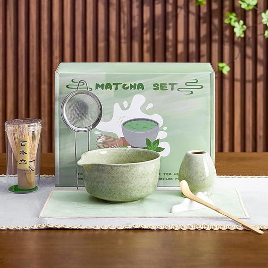 7Pcs Matcha Whisk Set - Matcha Bowl with Spout, Bamboo Whisk (Chasen), Holder, Stainless Sifter, Tea Scoop, Tea Towel, Scoop Rest. Full Japanese Ceremony Matcha Kit, Ideal Gift for Tea Fans (Green)