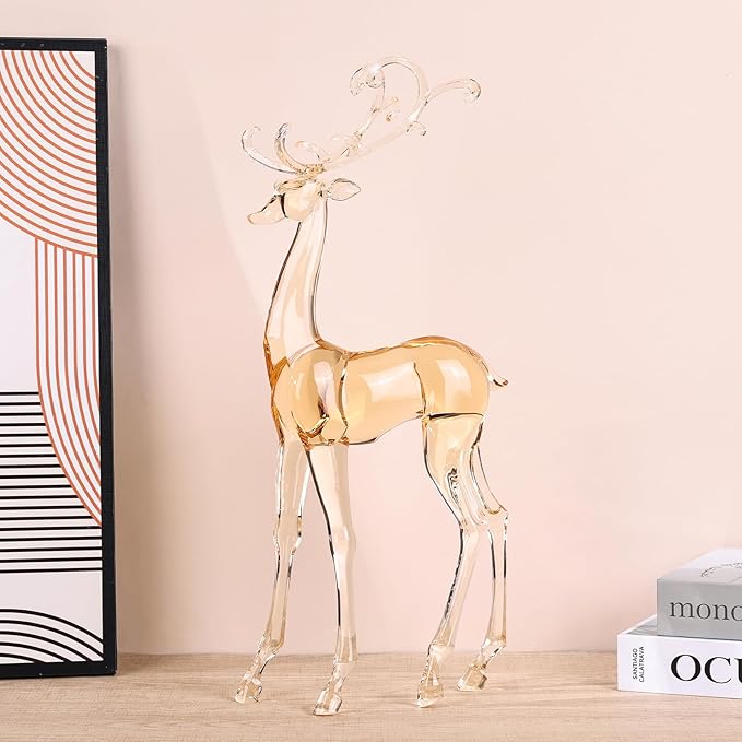 18" Tall Acrylic Christmas Reindeer Figurine - Elegant Clear Large Reindeer Ornaments for Christmas Indoor Decor, Holiday Centerpiece, Living Room, Fireplace, Table Display (Gold Standing Reindeer)