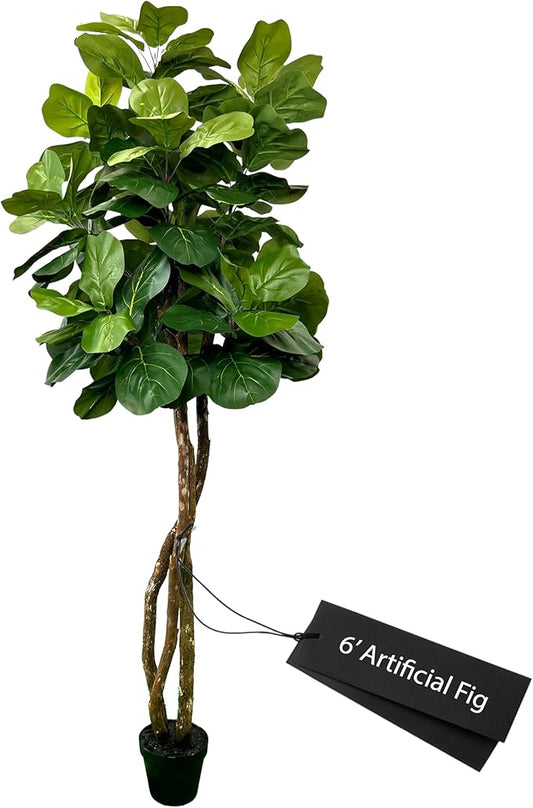 Cypress & Alabaster Handmade 6ft Fiddle Leaf Fig Ficus Lyrata Artificial Tree with Ethically Sourced Real Wood Trunks, Hypoallergenic, 6-Foot, Green