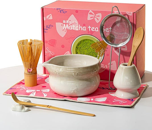 Matcha Whisk Set, 8 PCS Ceramic Set Includes 15-OZ Matcha Bowl with Spout, Bamboo Tea Whisk and Stand, Scoop and Spoon. Matcha Kit for Matcha Lovers and Beginners (white)