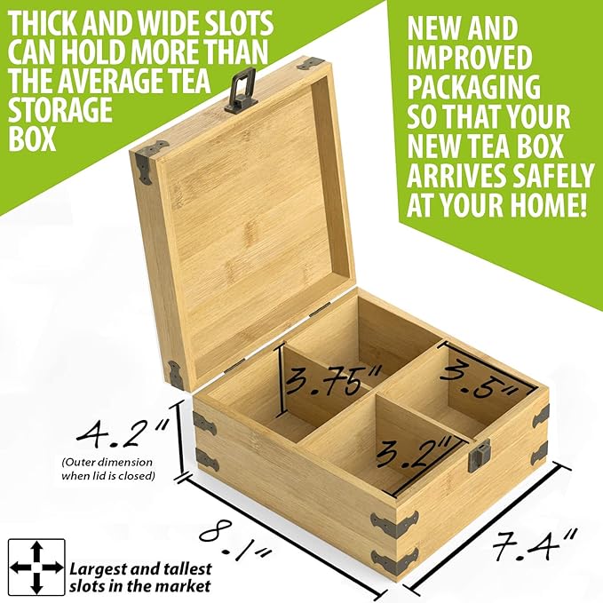 Tea Organizer Box 7.4" x 8.1" x 4.2" Bamboo Wood Organizer Storage Chest 4 Tall Adjustable Slots 100% Handmade Eco-Friendly Natural Kitchen Décor