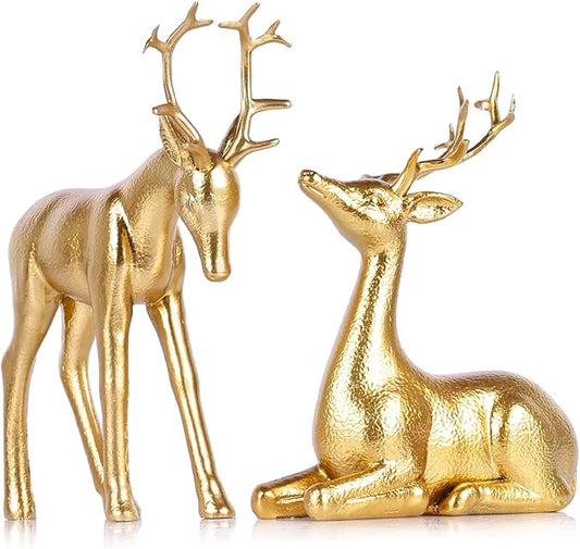 Set of 2 Gold Reindeer Christmas Decor Figurines - Hand-Painted Resin Deer Statues for Tabletop, Mantel, or Shelf, Elegant Gold Reindeer Decor and Christmas Deer Figurines for Holiday Home Decoration