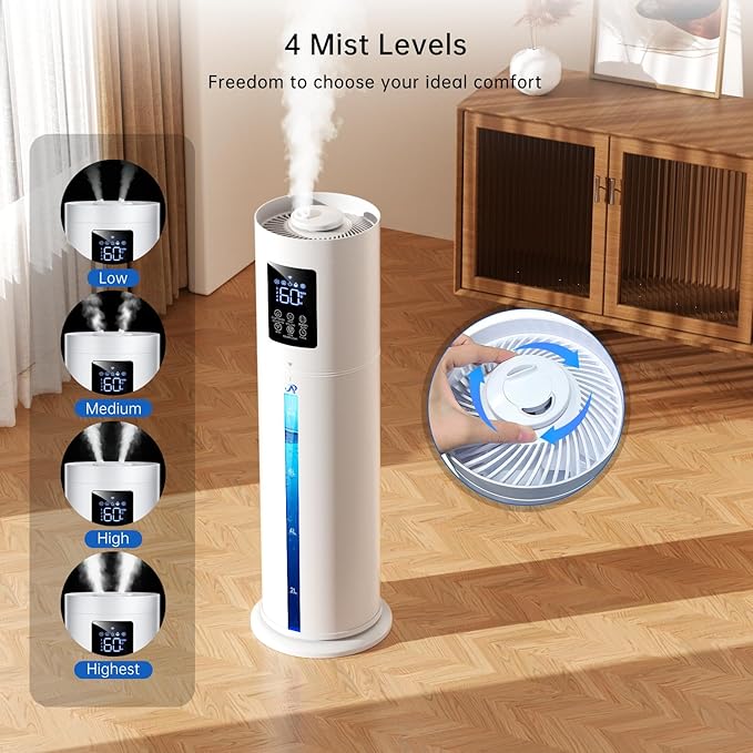8L Smart Humidifier Large Room, Top Fill Humidifiers for Bedroom with Diffuser, 7 Color Lights, 16H Timer, Auto Mode, APP & Remote Control, 4 Levels Cool Mist Air Humidifier for Plants Home Office