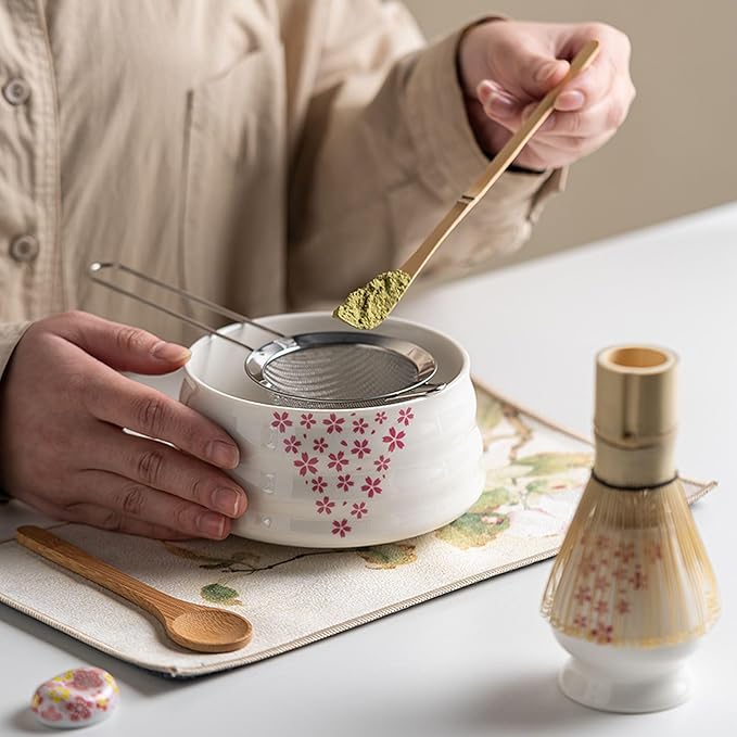 Ceramic Matcha Whisk Set, Complete Matcha Set-8PCS for Ceremonial Grade Matcha, Tea Gifts for Tea Lovers for Christmas, Birthday, Halloween (Petal)