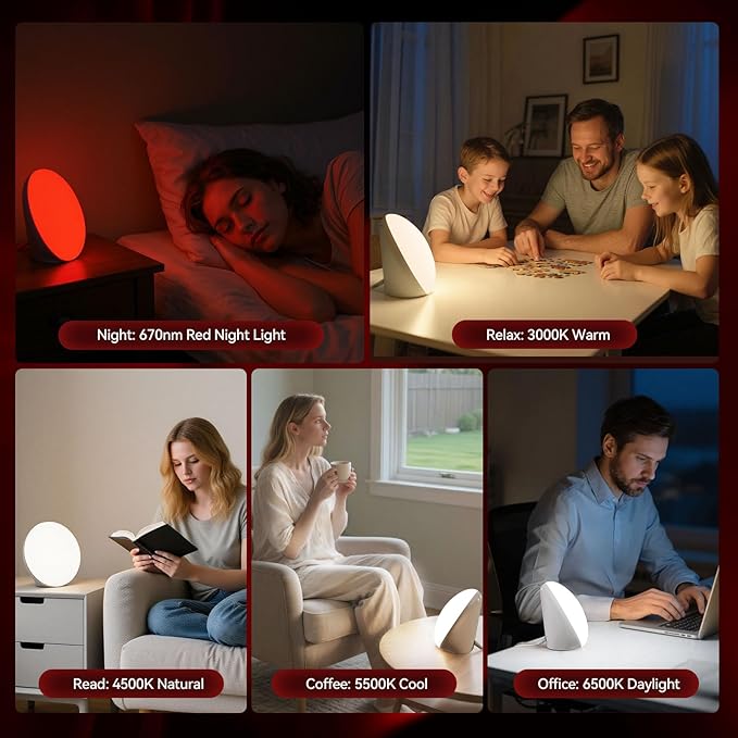 670nm Red Light Therapy Sleep Device & 10,000 Lux Sun Lamp – Dual Function Sleep Aid and Sunlight Lamp, Red Night Light Lamp to Support Deep Relaxation and Improve Sleeping for Adult & Kid Bedroom