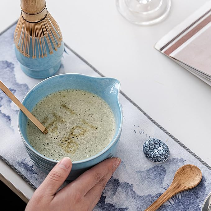 Ceramic Matcha Whisk Set, Complete Matcha Set-8PCS for Ceremonial Grade Matcha, Tea Gifts for Tea Lovers for Christmas, Birthday, Halloween (Sky Blue)