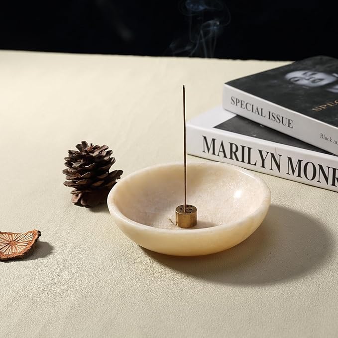 Koville Natural Marble Incense Holder, Incense Holder for Sticks with 9 Holes, Handmade Incense Burner Ash Catcher for Meditation Yoga SPA, Balsam Fir/Palo Santo/Sage/Cone(Ivory)