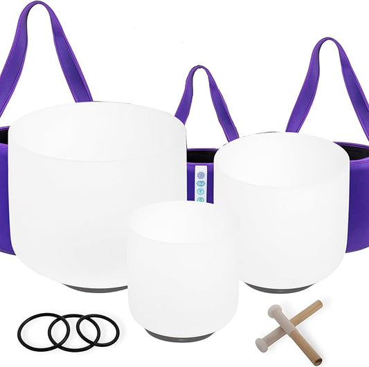 7inch 8inch 9inch Crystal singing bowls set sound bowl for healing Mindfulness, Meditation, Yoga, Spiritual and Body Healing Chakra Bowl (7A+8C+9D, 440hz 7-9"with soft bag)