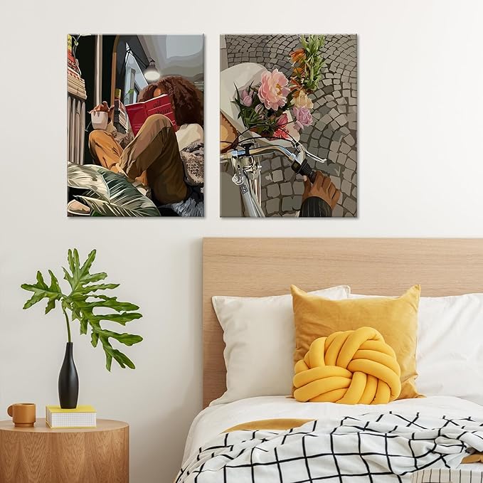 Modern African American Women Wall Art Set of 2,Cozy Reading & Bike Ride with Flowers Painting Canvas Prints,black woman Vintage Aesthetic Poster for Living Room, Bedroom, Office， Framed 16X24in