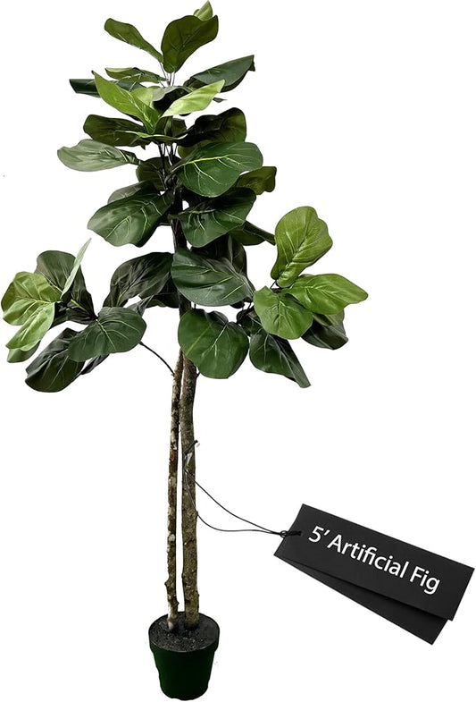 Cypress & Alabaster Handmade 5ft Fiddle Leaf Fig Ficus Lyrata Artificial Tree with Ethically Sourced Real Wood Trunks, Hypoallergenic, 5-Foot, Green