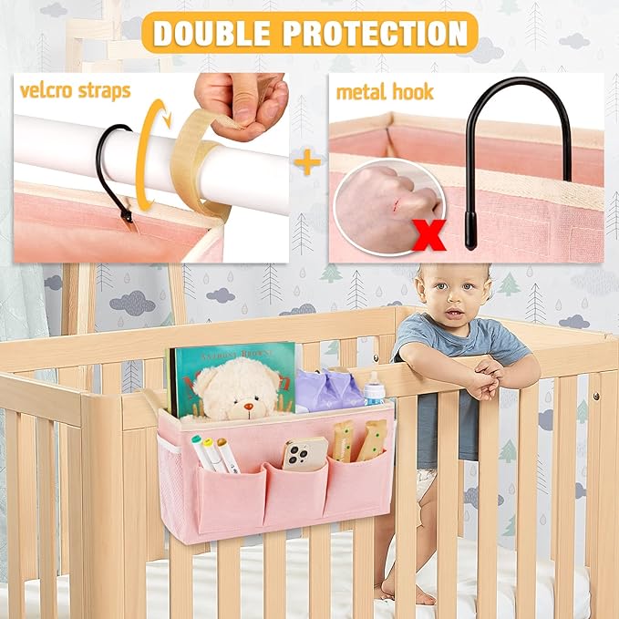 Bedside Organizer with Fixed Straps and Water Bottle Holder for Home, College, Dorm, Bunk, Hospital, Crib, Bed Rails - Pink
