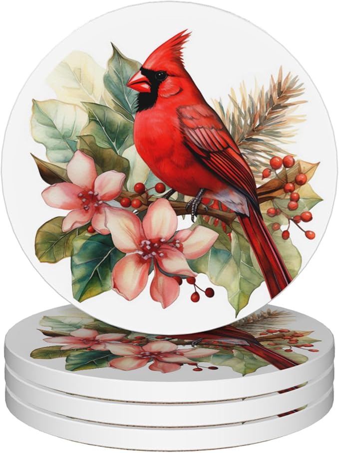 Cardinal Coasters Set of 4, Absorbent Ceramic Stone Coasters with Cork Base, Winter Christmas Home Decor, Ideal Gifts