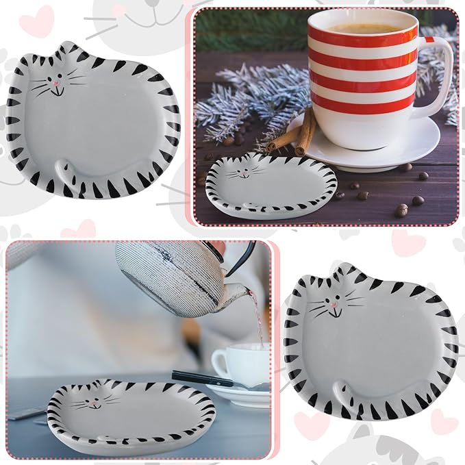 4 Inch Cat Tea Bag Holder Coaster Porcelain Ceramic Tiger Cats Tea Bag Saucer Spoon Rest Soap Dish Coaster for Kitten Lover Gifts Cute Home Parties Portable (British Shorthair)