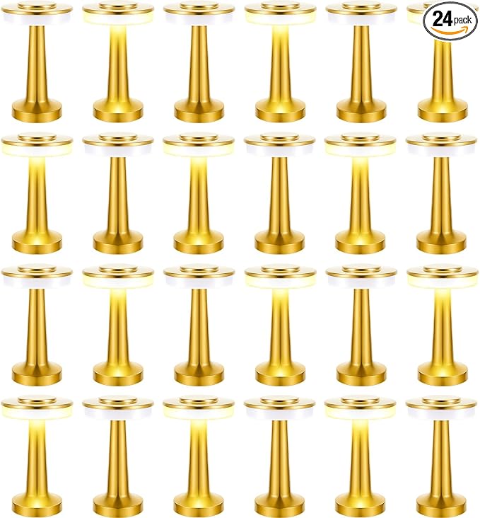 VIHOSE 24 Pcs Gold Cordless Table Lamps LED Portable Rechargeable Table Lamp with Touch Sensor 3 Color Dimming up to 15 Hours Battery Desk Light for Restaurant Nursery Living Room