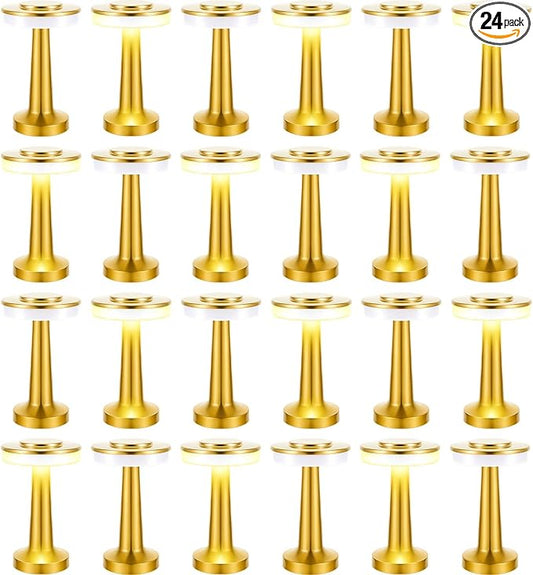 VIHOSE 24 Pcs Gold Cordless Table Lamps LED Portable Rechargeable Table Lamp with Touch Sensor 3 Color Dimming up to 15 Hours Battery Desk Light for Restaurant Nursery Living Room