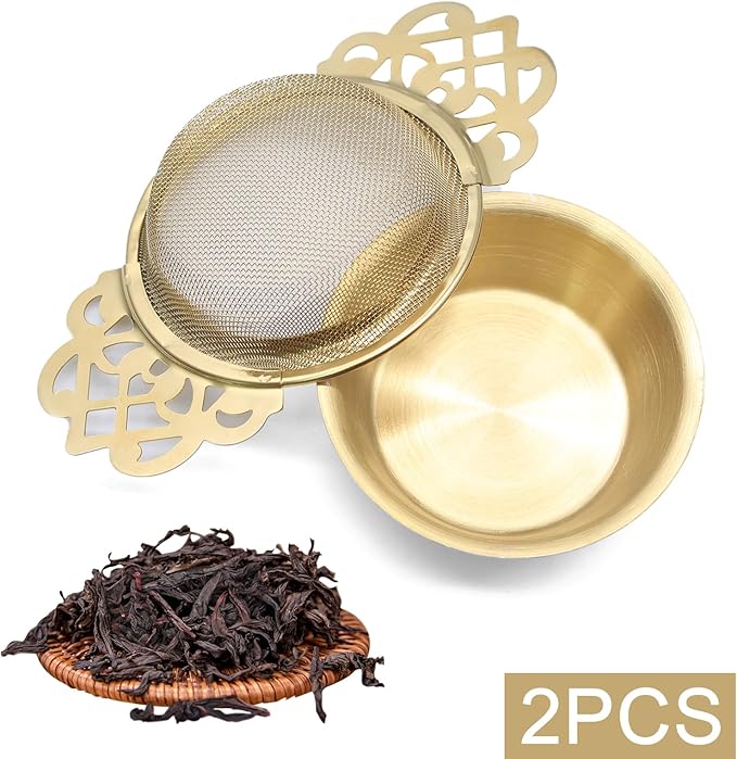 2 Pack Tea Strainers with Drip Bowls Stainless Steel Mesh Tea Infusers Loose Leaf Tea Filter with Handles Tea Steeper for Tea Juice Coffee Drinks, Gold