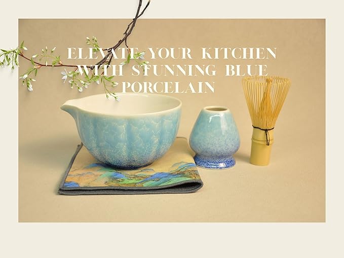 Matcha Whisk set, 8pcs Matcha Making Kit Includes Ceramic Bowl, Bamboo Whisk (Chasen), Whisk Holder, Sifter, Bamboo Scoop, Scoop Rest, Tea Towel, Macha kit for Matcha Tea Ceremony, Blue