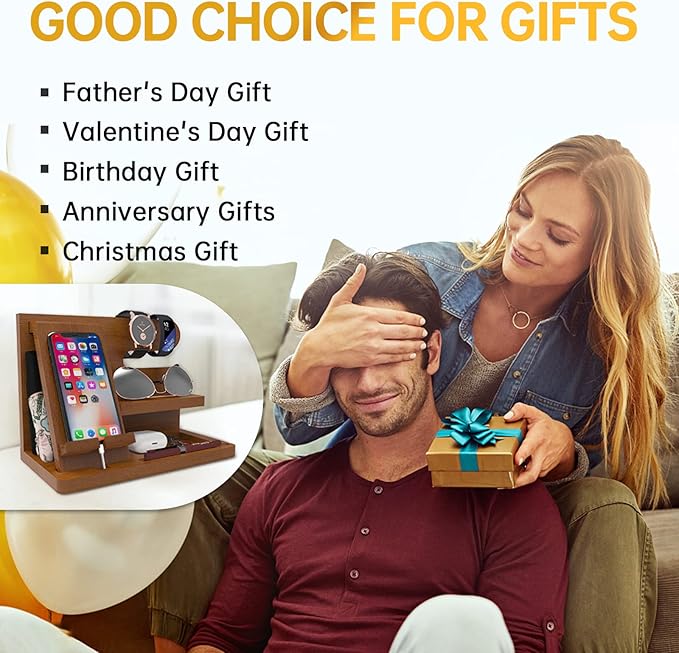Mens Gifts Ideas Nightstand Organizer for Men Wood Phone Docking Station for Dad Father Boyfriend Husband Grandpa Birthday Gift for Mens Christmas Day Presents