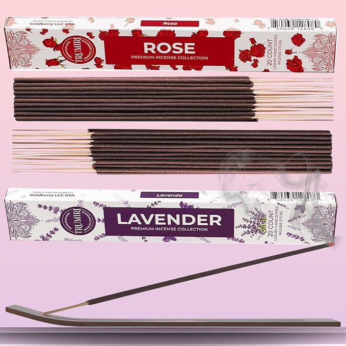 Trumiri Incense Sticks - Combo Pack of 40 Insence-Sticks - 20 Rose + 20 Lavender - Insenses - Insents - Incents - Inscense - Incence - Incienso - All Natural Incense Sticks