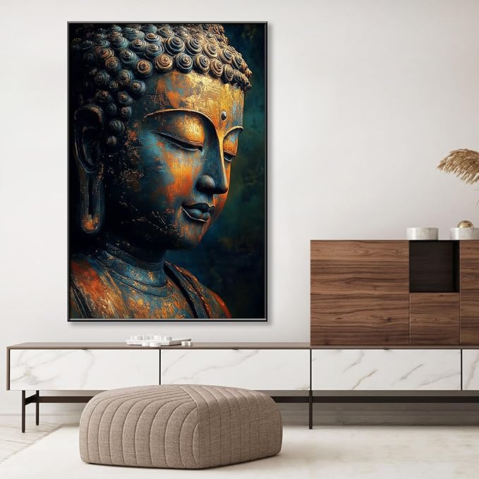 Buddha Statue Canvas Art, Zen Meditation Décor, Framed Print for Bedroom, Yoga Room, and Living Room (Gold Framed, 39"x59"|100x150cm)