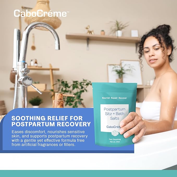 CaboCréme Postpartum Sitz + Bath Salts – 24oz – Postpartum Bath Soak for Perineal Care, Healing Tears, Swelling & Hemorrhoids – Dead Sea Salt with Magnesium, Arnica, Calendula + Cabbage Extract