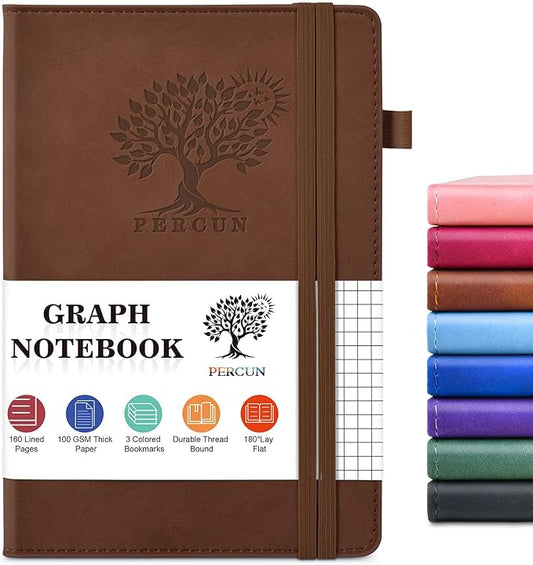 Graph Paper Notebook, 160 Pages Grid Journal for women & men, A5 Hardcover Leather Graphing Notebook for School, Work, Travel, Note Taking 5.9”x8.5” (Brown)